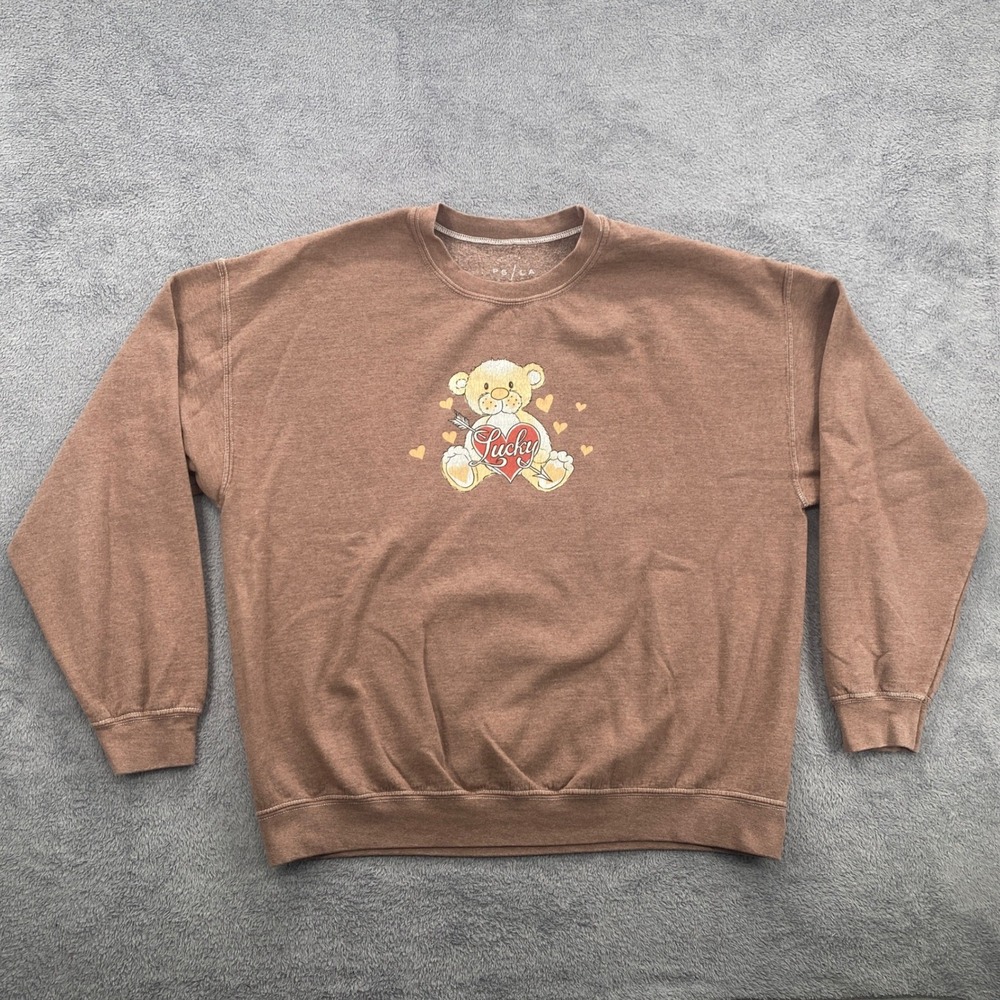PS / LA Sweatshirt Womens Large Brown Lucky Teddy Bear Graphic Crewneck Pullover